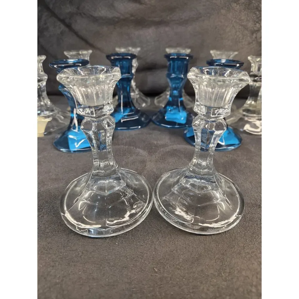 Libbey Crisa Glass Candlestick Holders Lot of 12 Aquamarine Blue Clear Taper